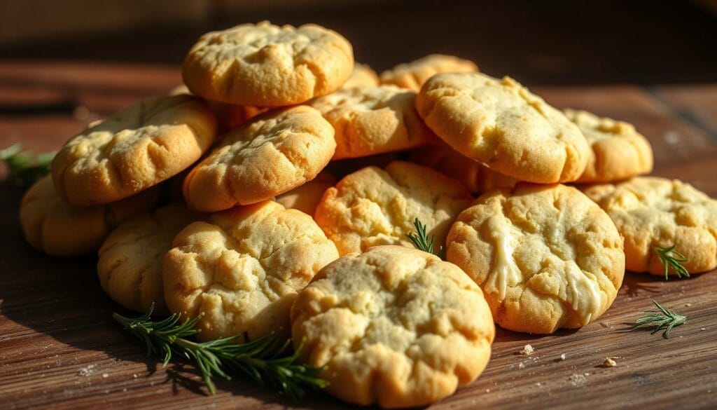 Golden dairy-free shortbread cookies stacked on a wooden board