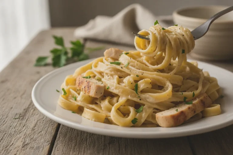 Creamy dairy-free chicken alfredo over fettuccine in a skillet