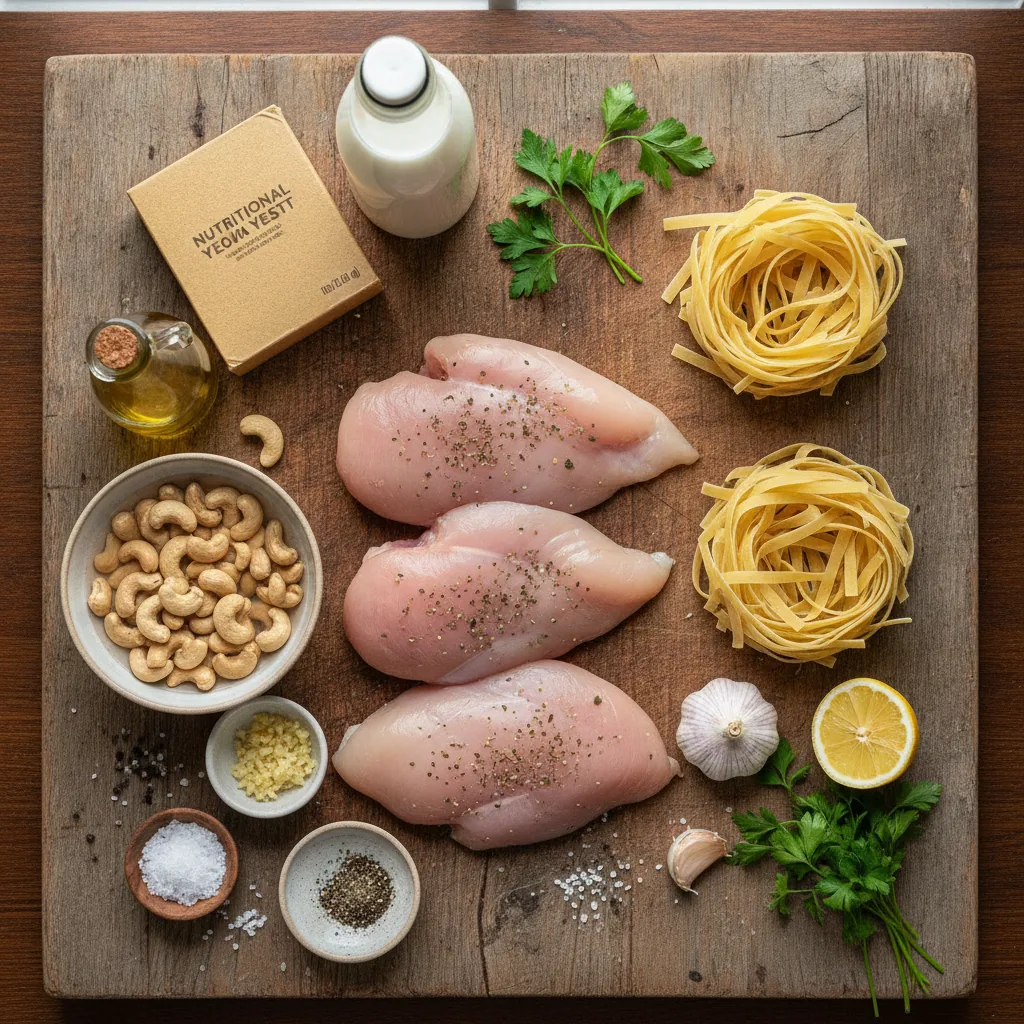 Ingredients for creamy dairy free chicken alfredo laid out on a wooden board