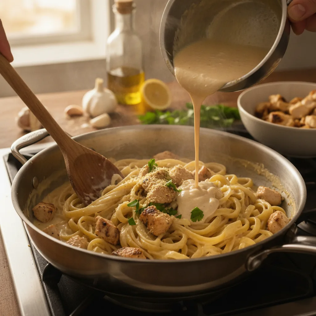 creamy dairy free chicken alfredo being prepared in the kitchen