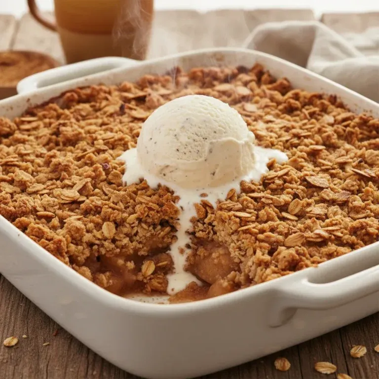 Dairy-free apple crisp in a white baking dish with a golden oat topping and a scoop of dairy-free vanilla ice cream
