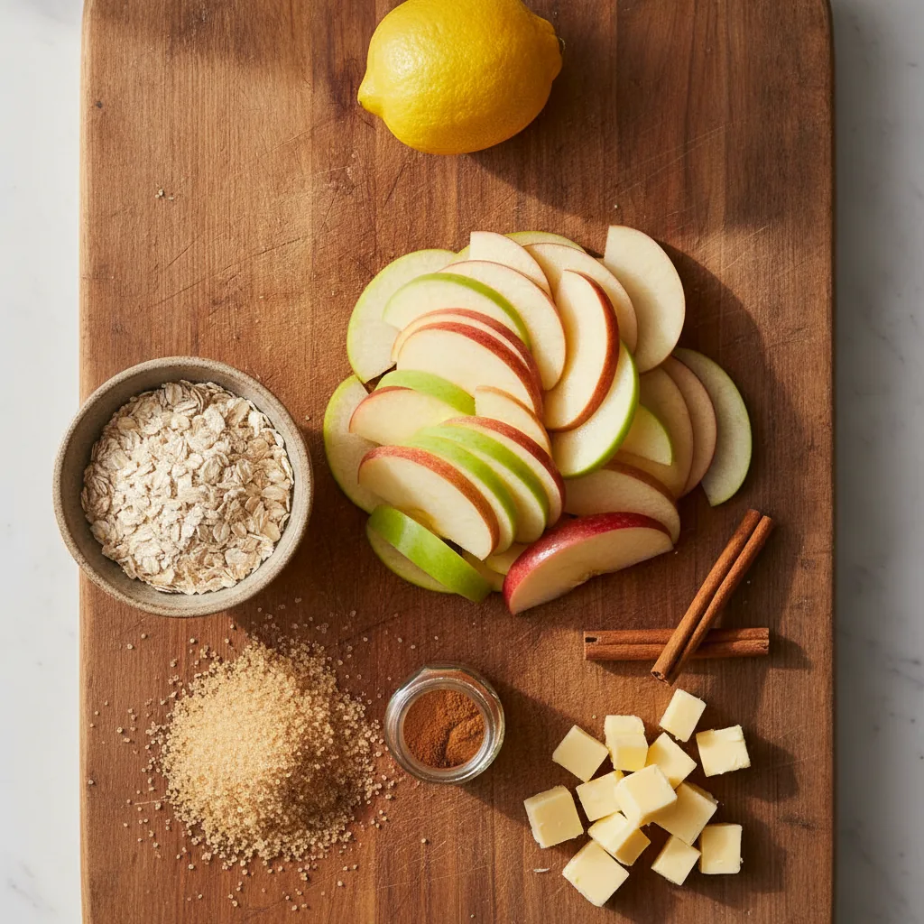 Sliced apples, oats, brown sugar, cinnamon and vegan butter laid out on a wooden board for dairy-free apple crisp