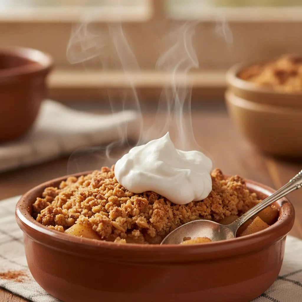 A bowl of warm dairy-free apple crisp topped with melting coconut whipped cream
