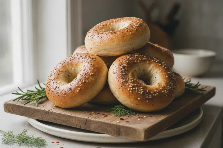 Golden homemade dairy-free bagels topped with everything seasoning on parchment