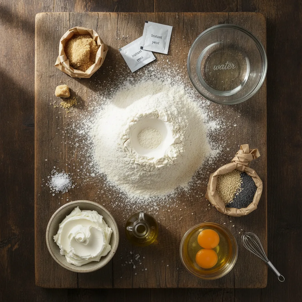 Ingredients for dairy free bagels laid out on a wooden board