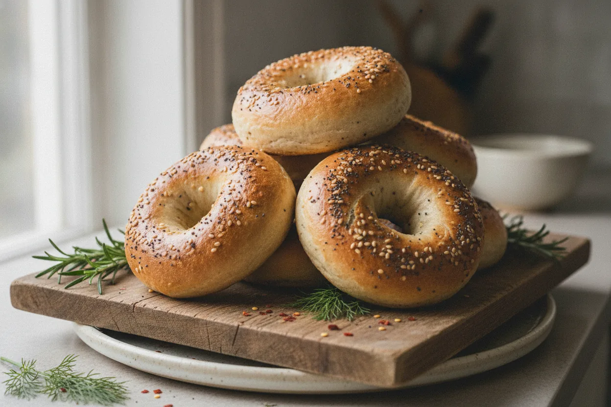 Golden homemade dairy-free bagels topped with everything seasoning on parchment