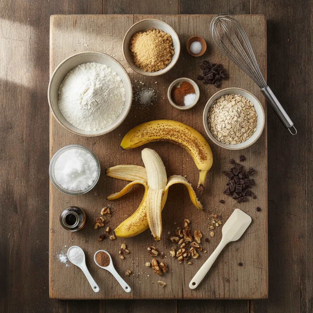 Ingredients for dairy free banana bread laid out on a wooden board