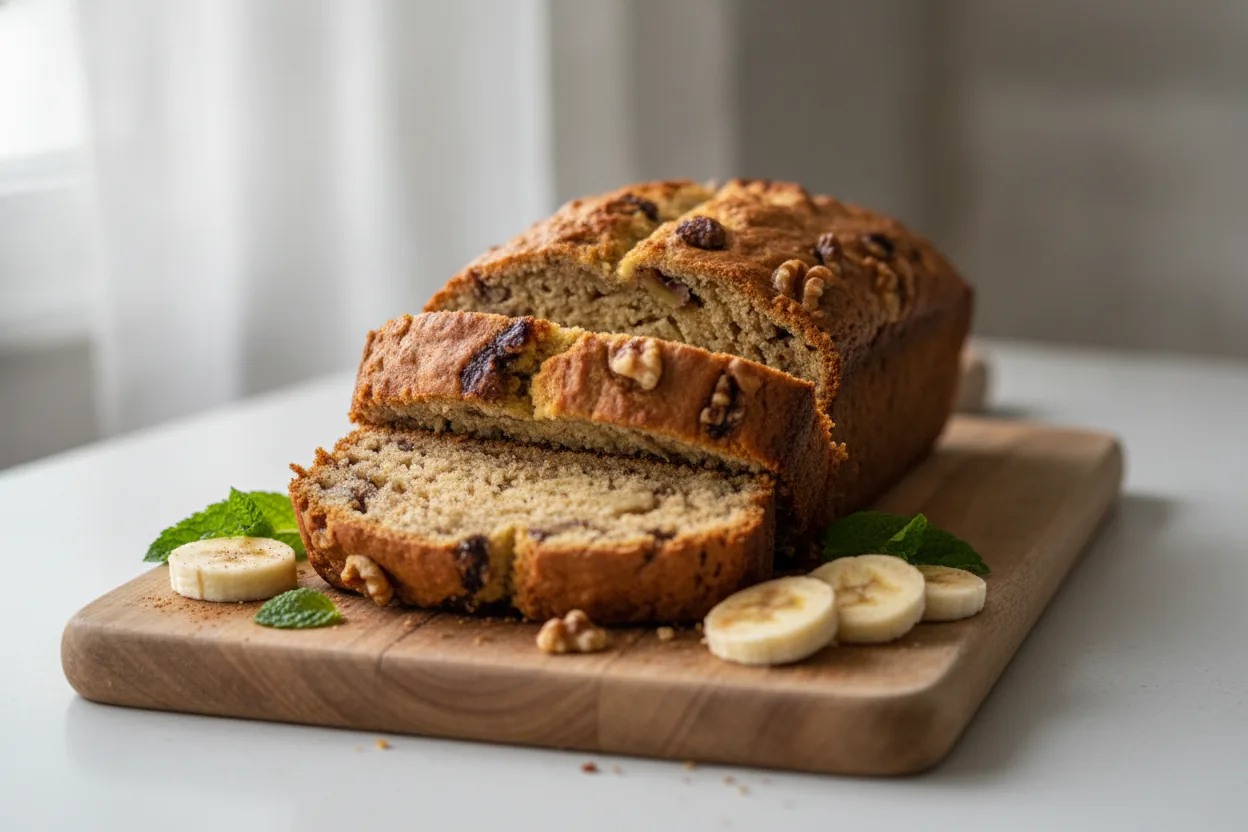 Sliced moist dairy-free banana bread on a board