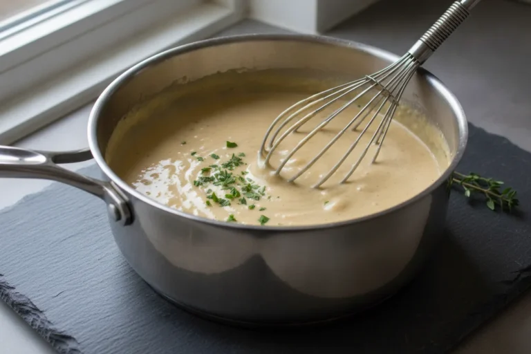 Smooth dairy-free bechamel white sauce in a saucepan with a whisk