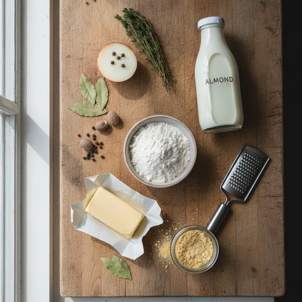 Ingredients for dairy free bechamel sauce laid out on a wooden board