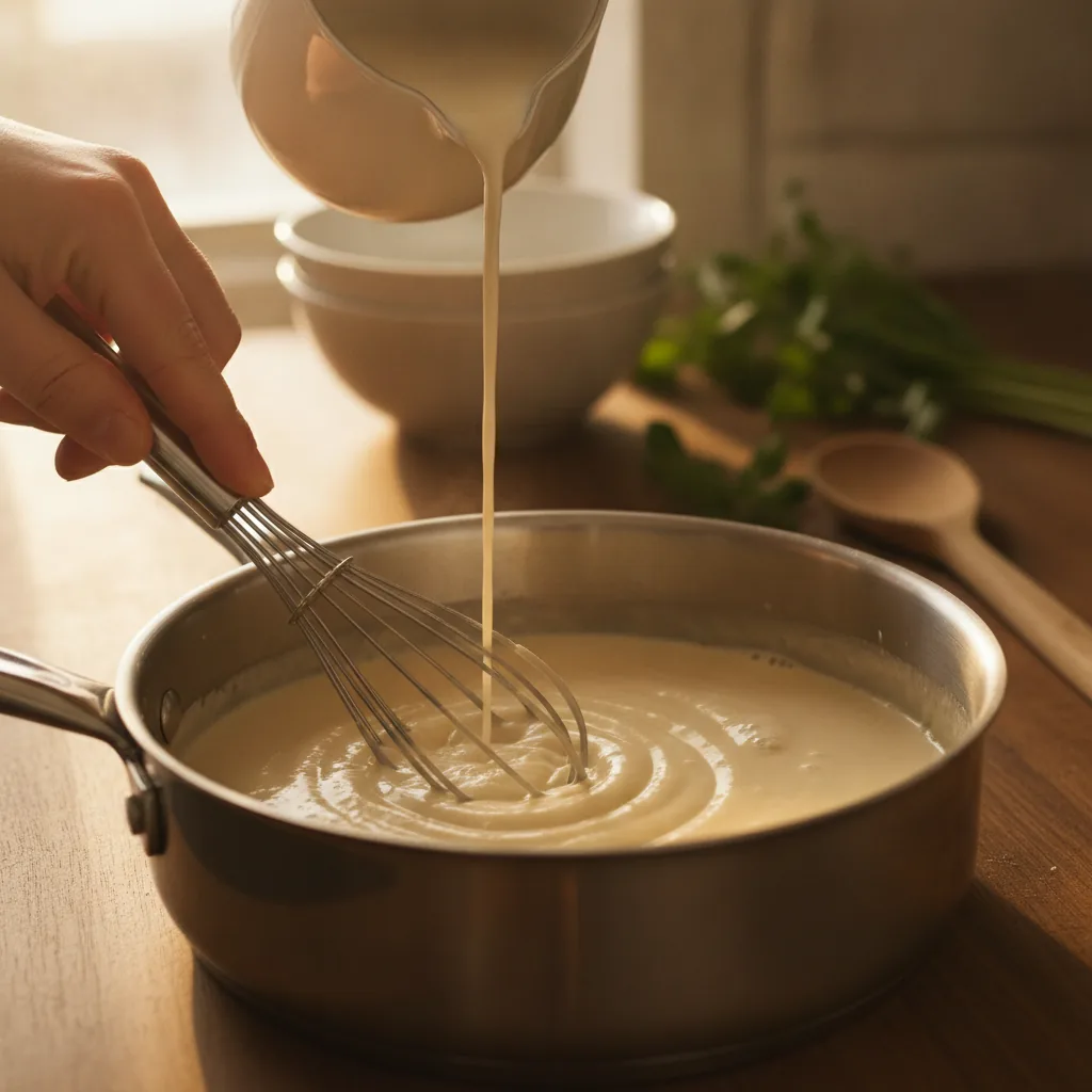 dairy free bechamel sauce being prepared in the kitchen