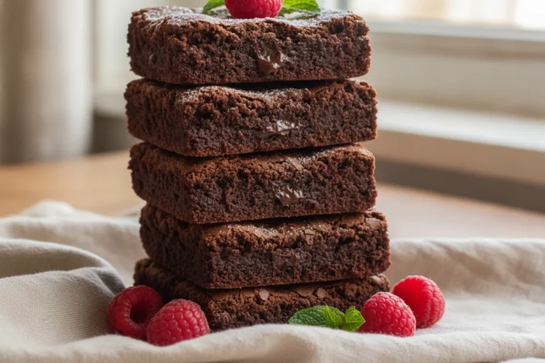 Stack of fudgy dairy-free brownies with crackly tops