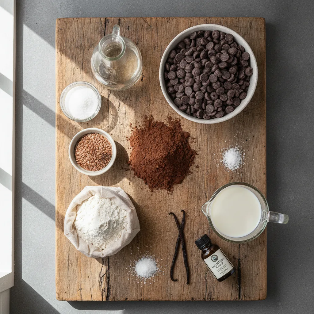Ingredients for dairy free brownies laid out on a wooden board