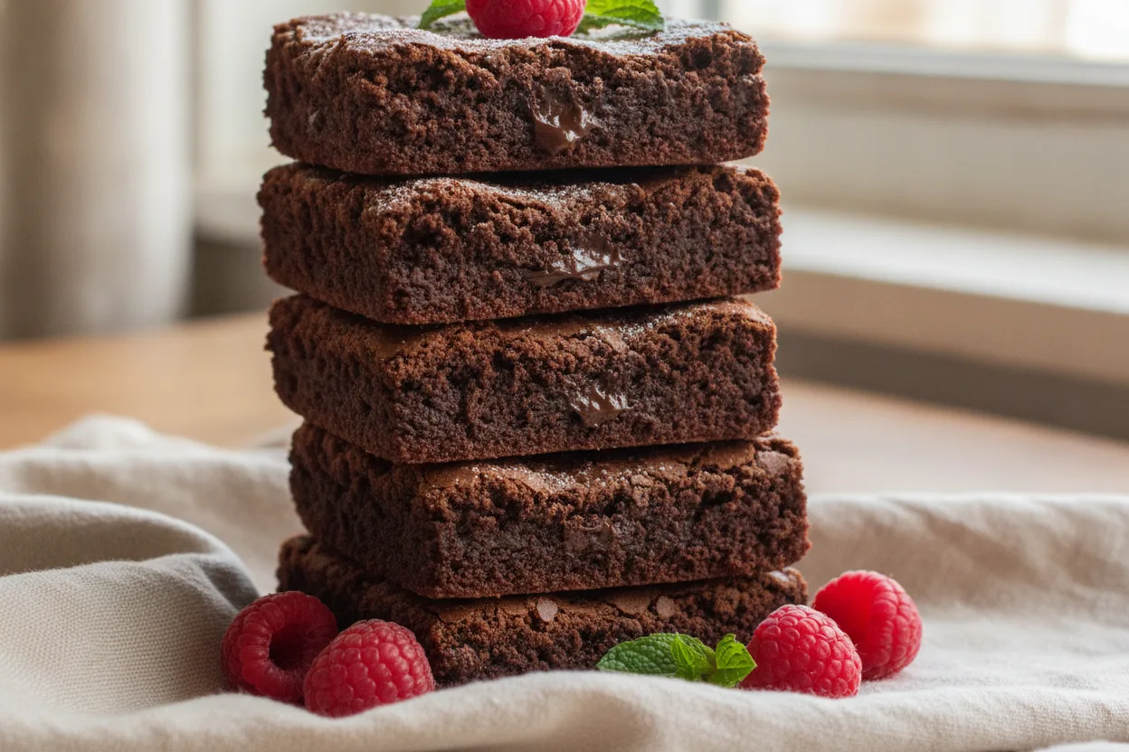 Stack of fudgy dairy-free brownies with crackly tops