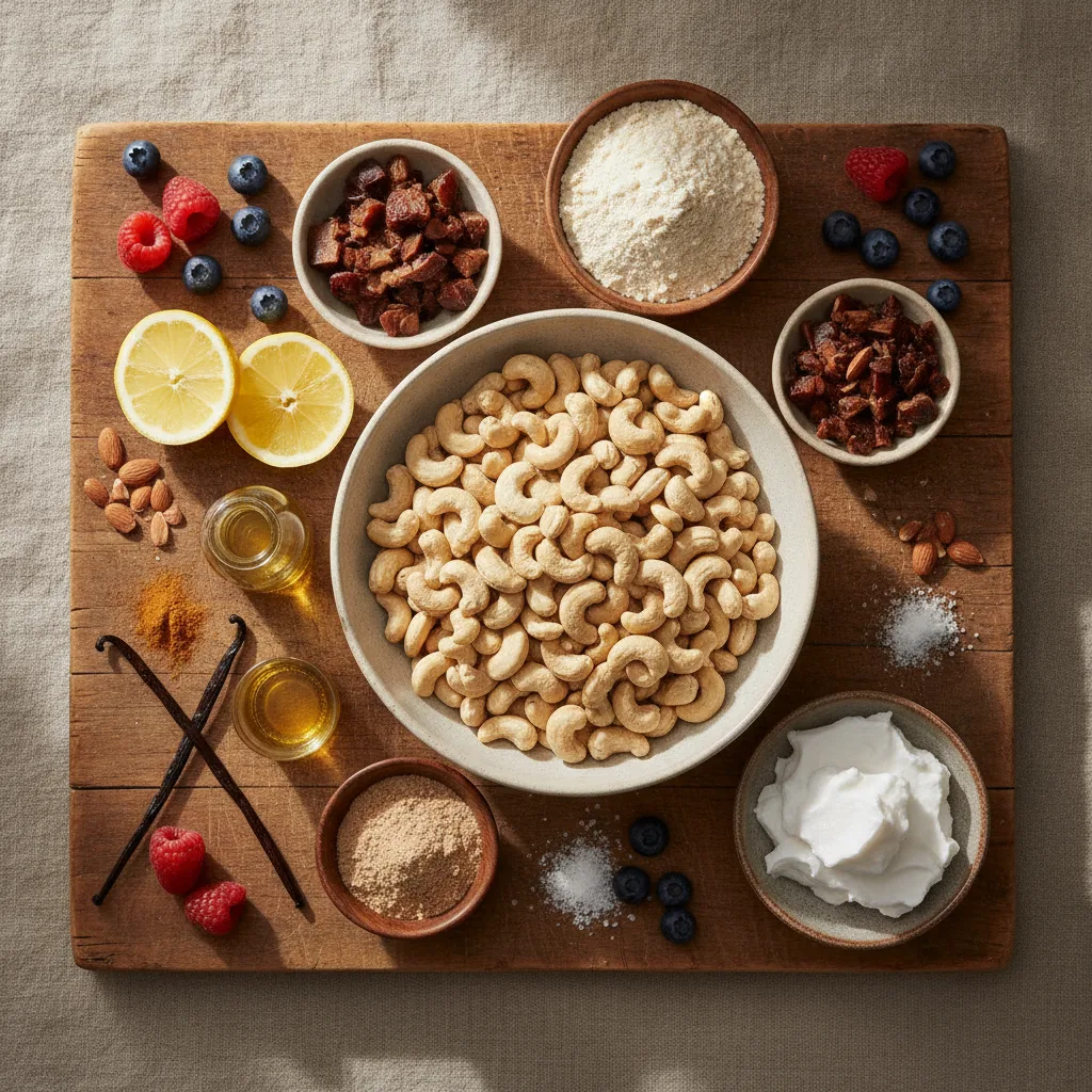 Ingredients for dairy free cheesecake laid out on a wooden board