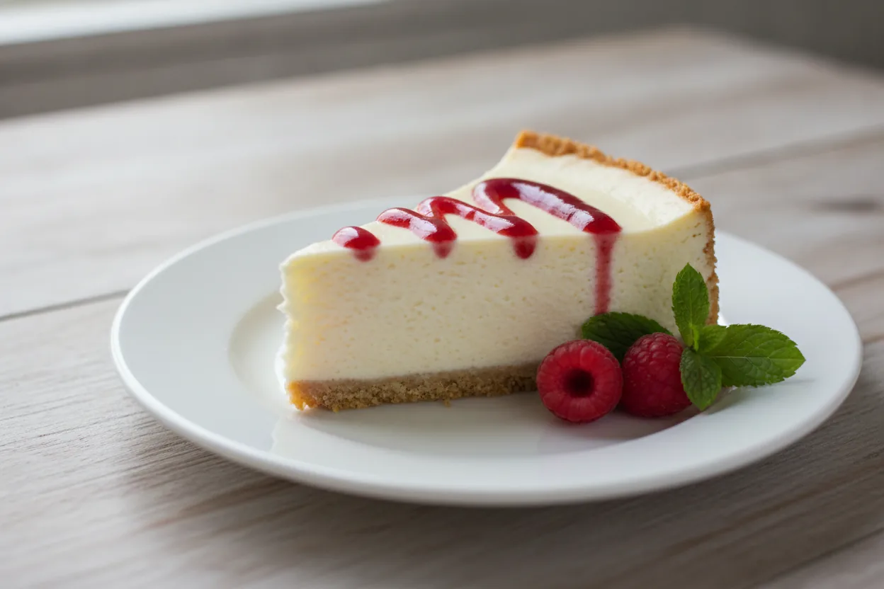 Slice of creamy no-bake dairy-free cheesecake on a plate