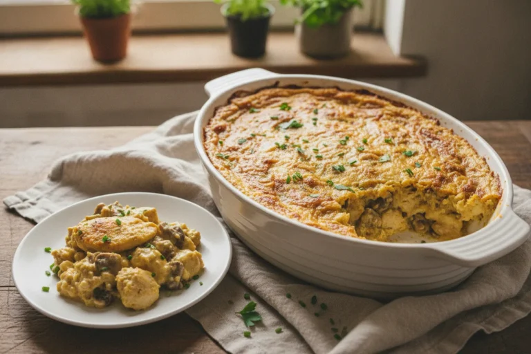 Creamy dairy-free chicken casserole with golden crumb topping in a baking dish