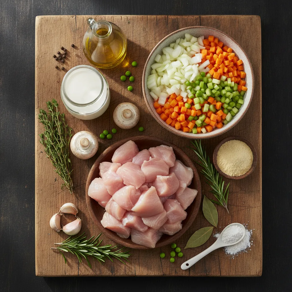 Ingredients for dairy free chicken casserole laid out on a wooden board