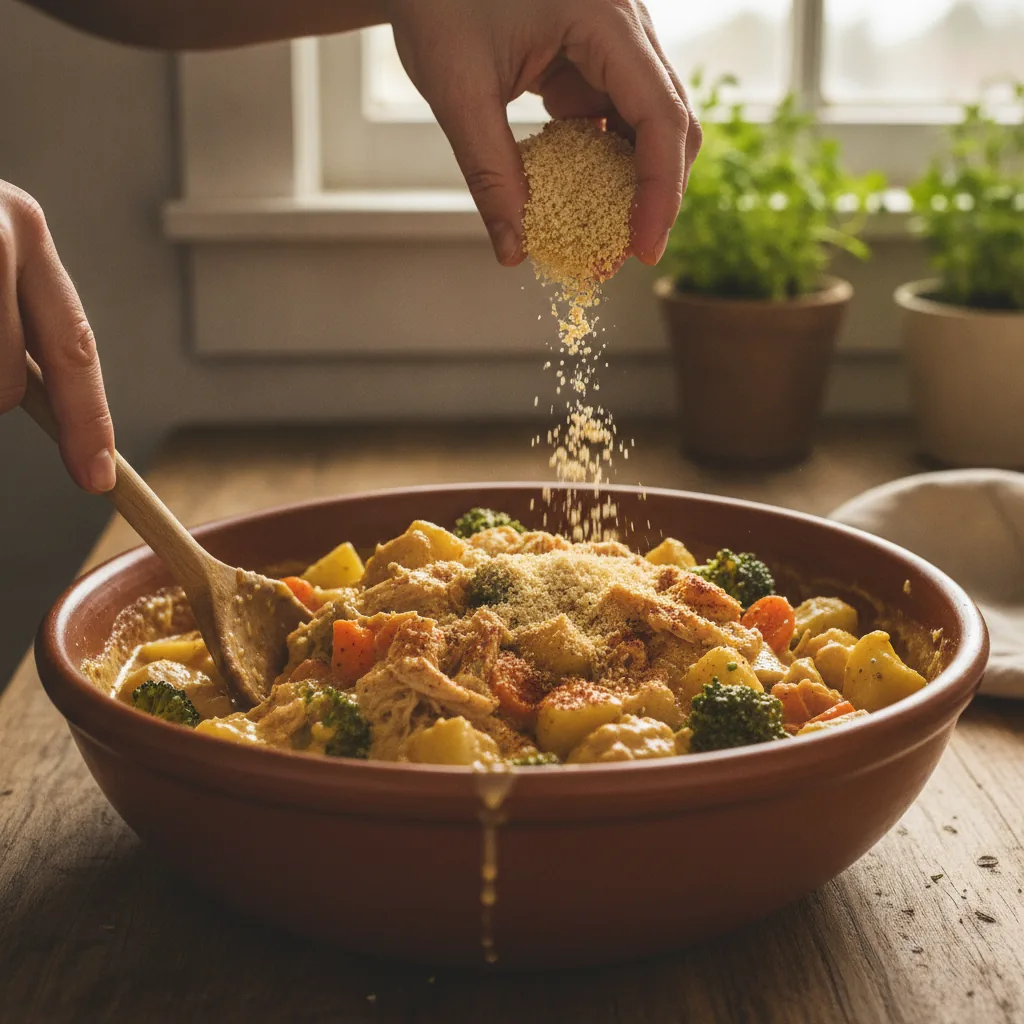 dairy free chicken casserole being prepared in the kitchen