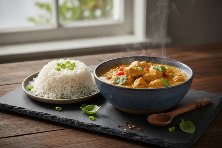 Creamy dairy-free chicken curry with coconut milk in a pan over rice