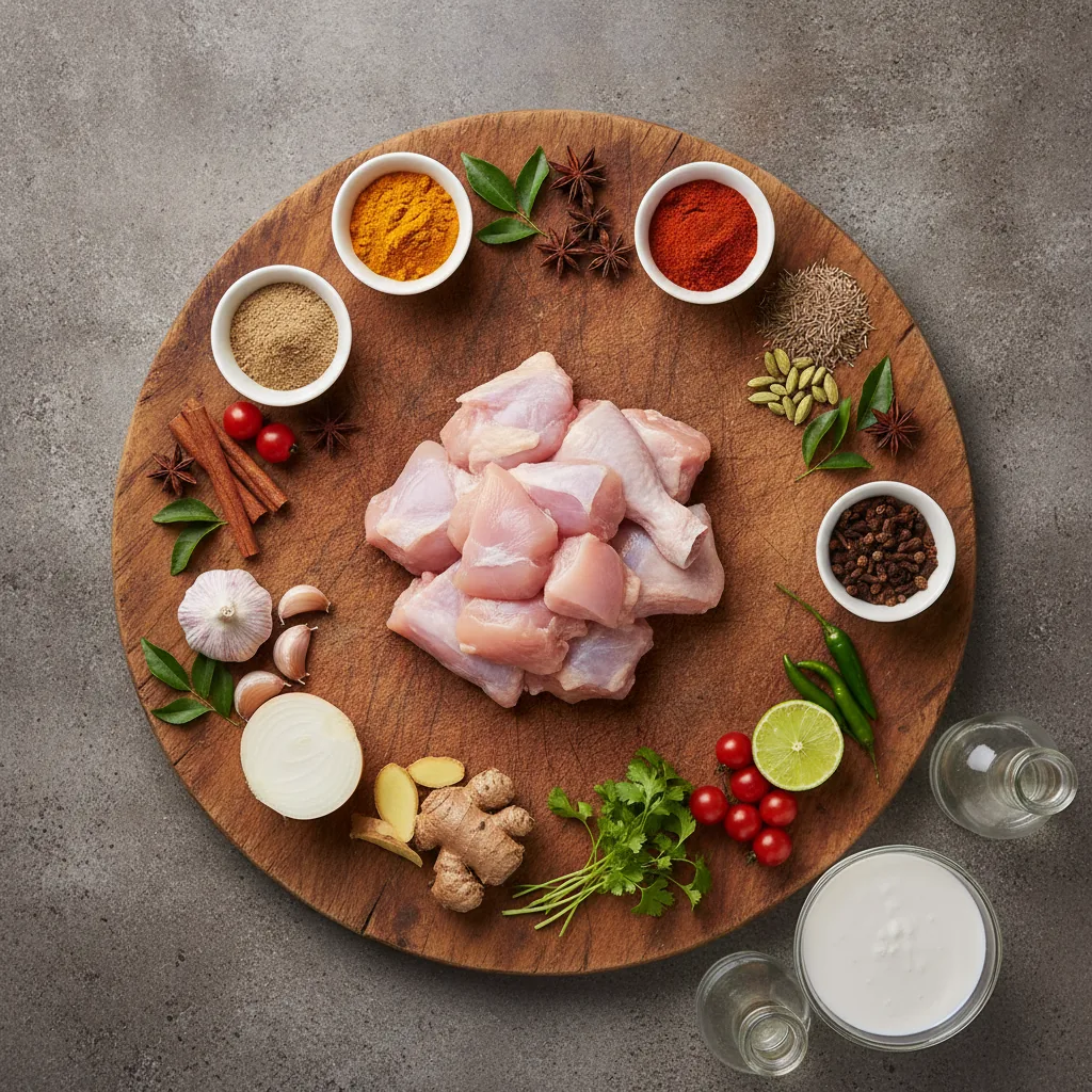 Ingredients for dairy free chicken curry laid out on a wooden board