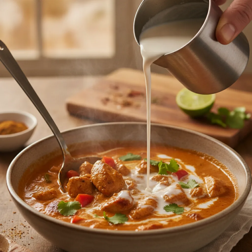 dairy free chicken curry being prepared in the kitchen