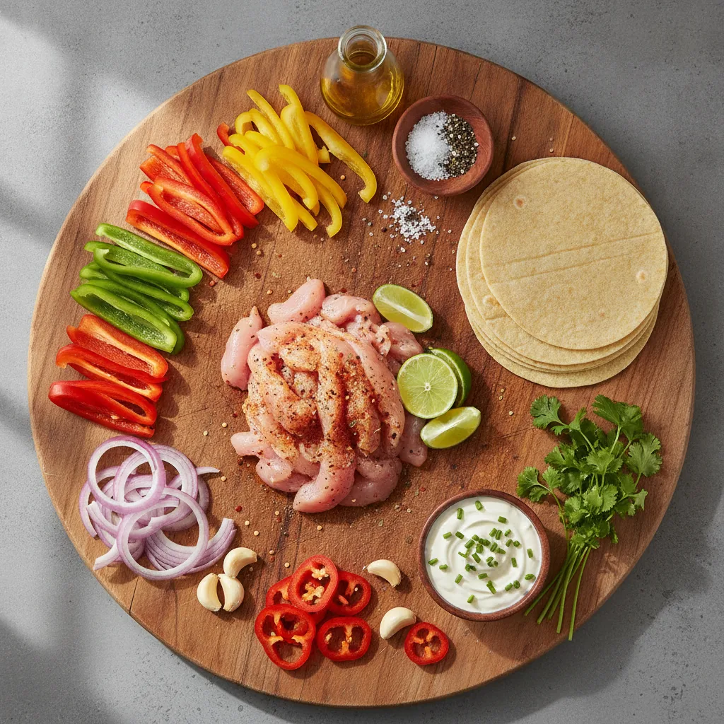 Ingredients for dairy free chicken fajitas laid out on a wooden board