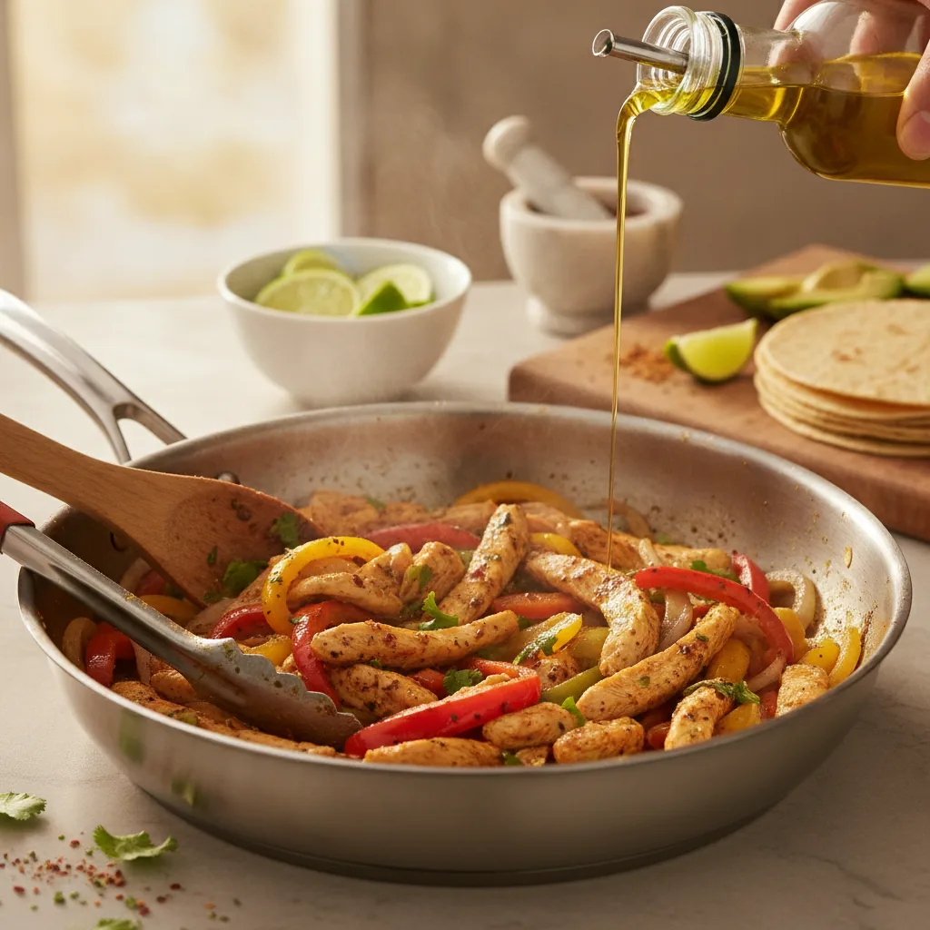 dairy free chicken fajitas being prepared in the kitchen