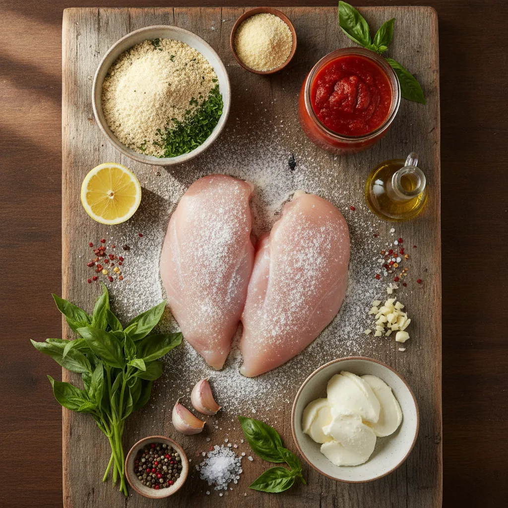 Ingredients for dairy free chicken parmesan laid out on a wooden board