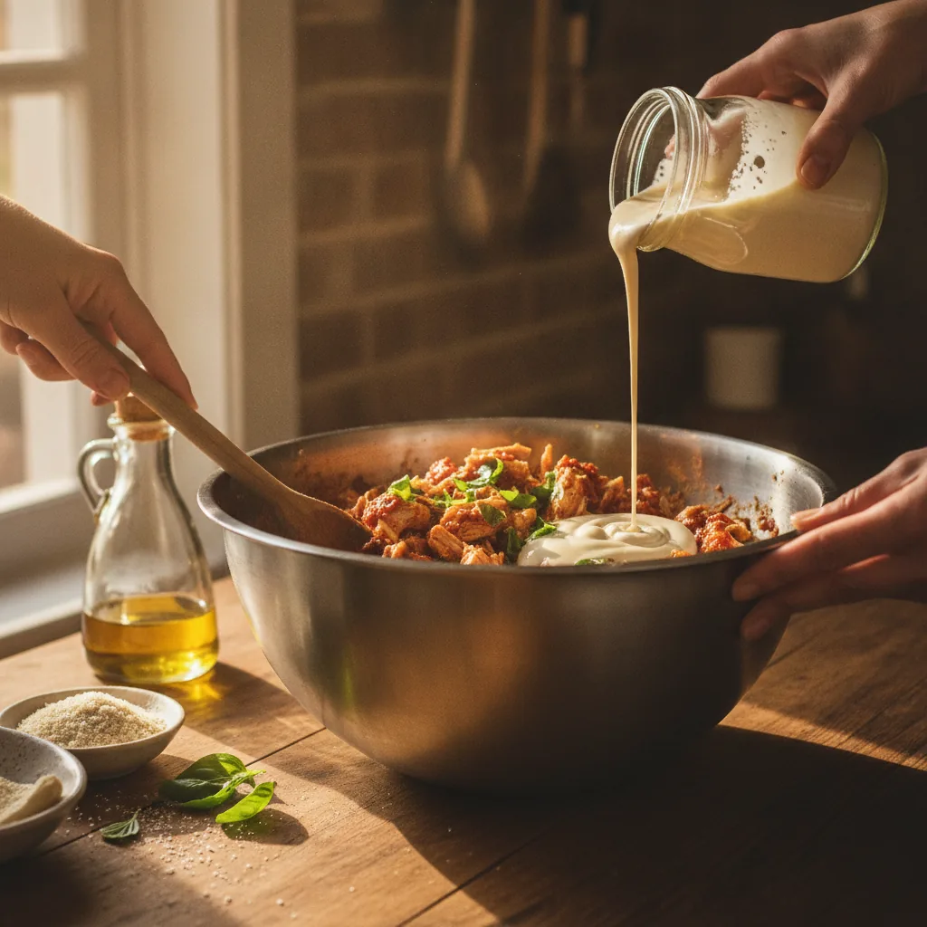 dairy free chicken parmesan being prepared in the kitchen