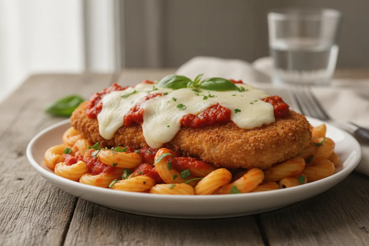 Crispy dairy-free chicken parmesan with marinara and melted dairy-free cheese over pasta
