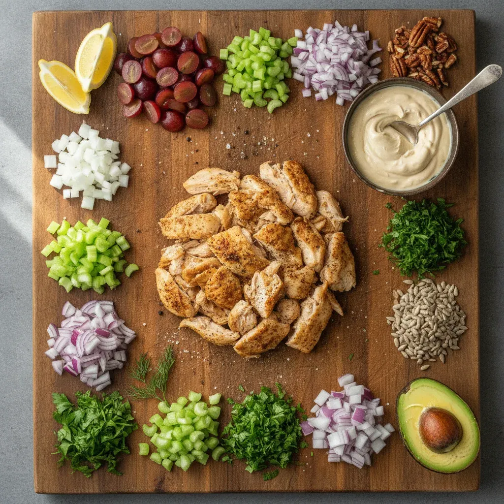 Ingredients for dairy free chicken salads laid out on a wooden board