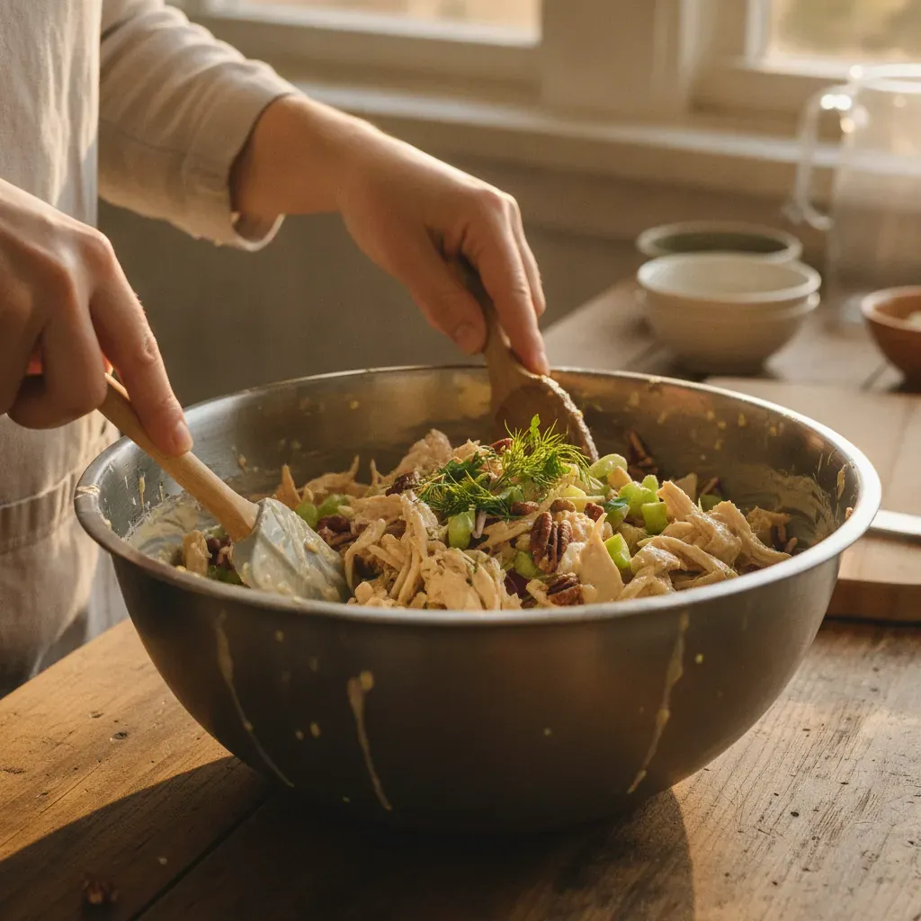dairy free chicken salads being prepared in the kitchen