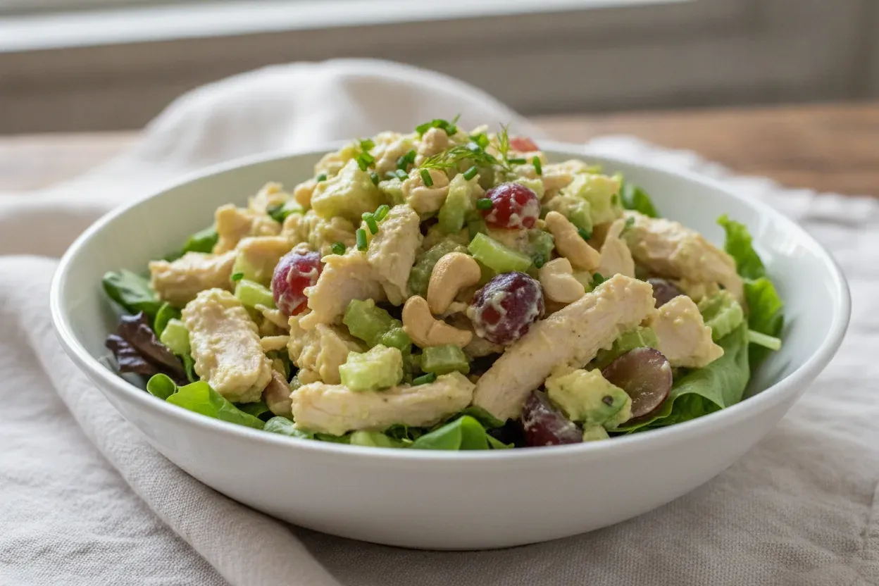 Creamy dairy-free chicken salad with celery and grapes in a bowl