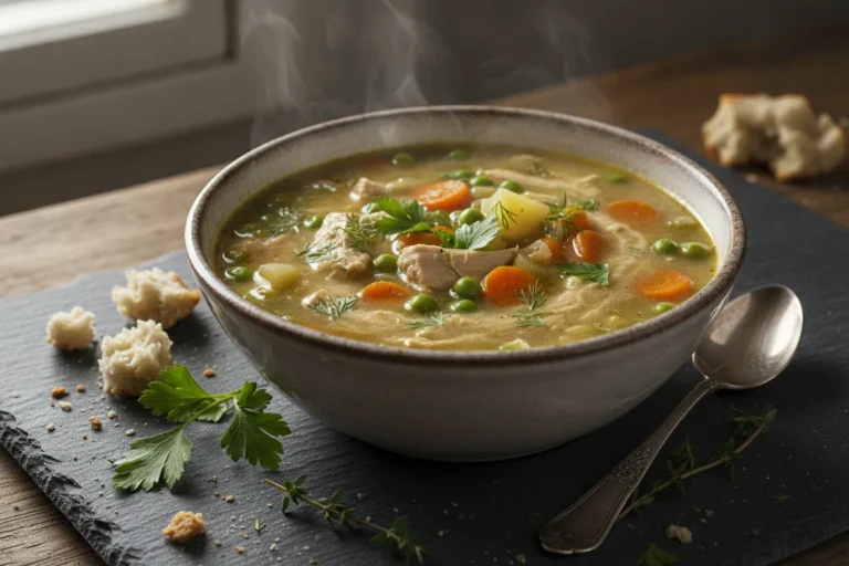 Bowl of dairy-free chicken noodle soup with vegetables