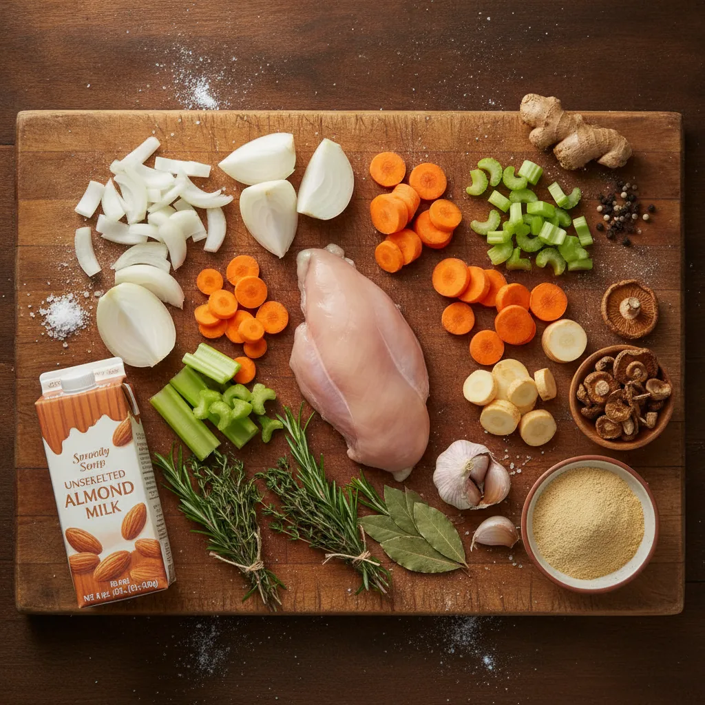 Ingredients for dairy free chicken soup laid out on a wooden board