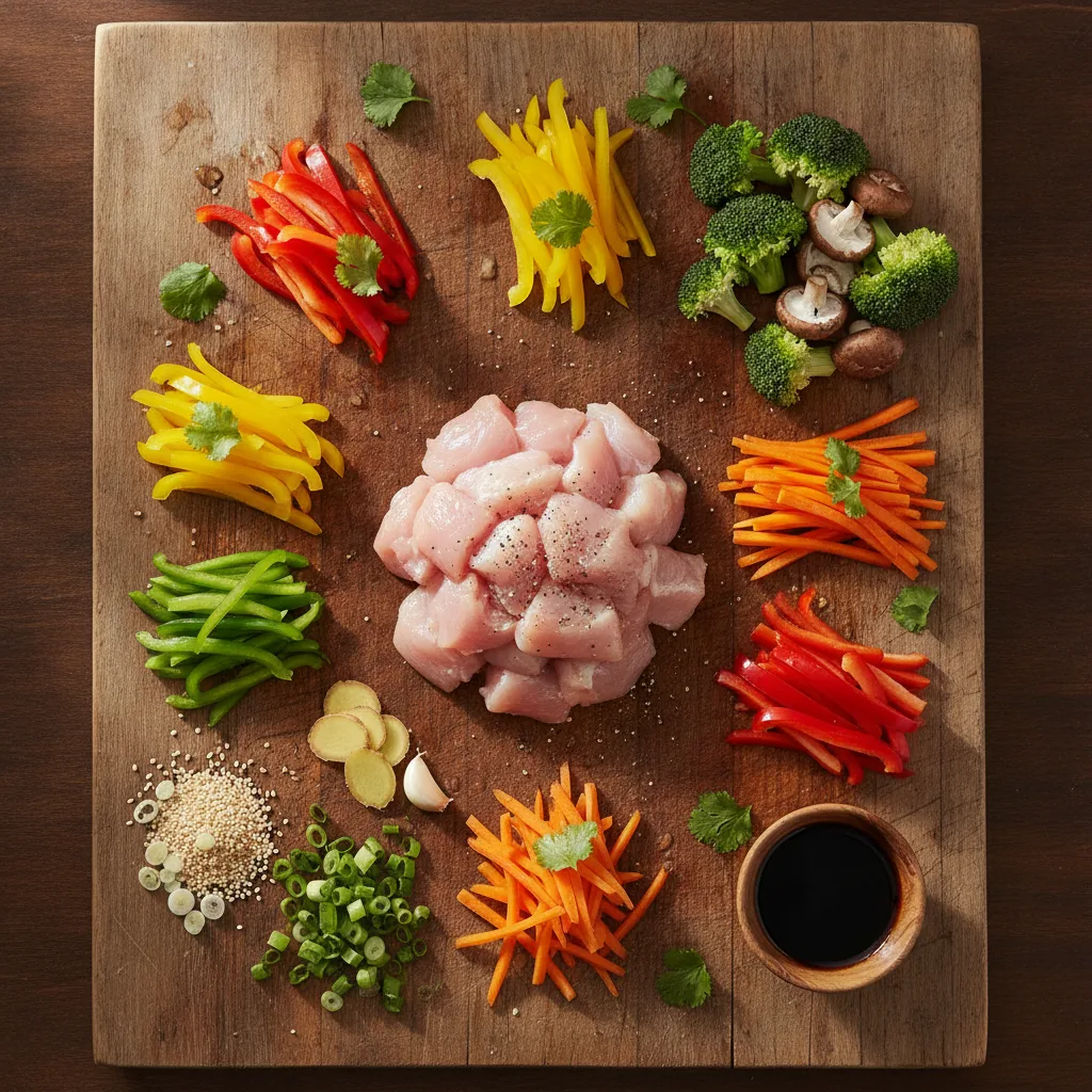 Ingredients for dairy free chicken stir fry laid out on a wooden board