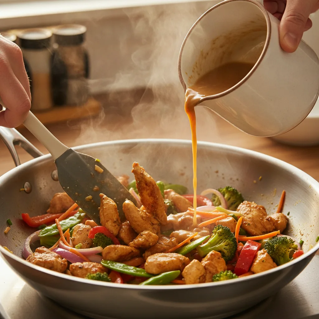 dairy free chicken stir fry being prepared in the kitchen