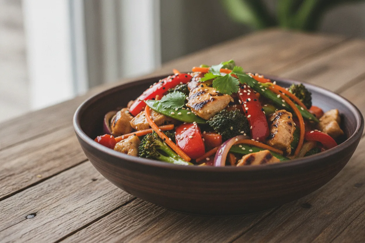 Dairy-free chicken stir fry with colorful vegetables in a hot skillet
