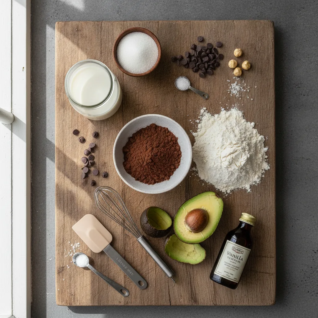 Ingredients for dairy free chocolate cake laid out on a wooden board