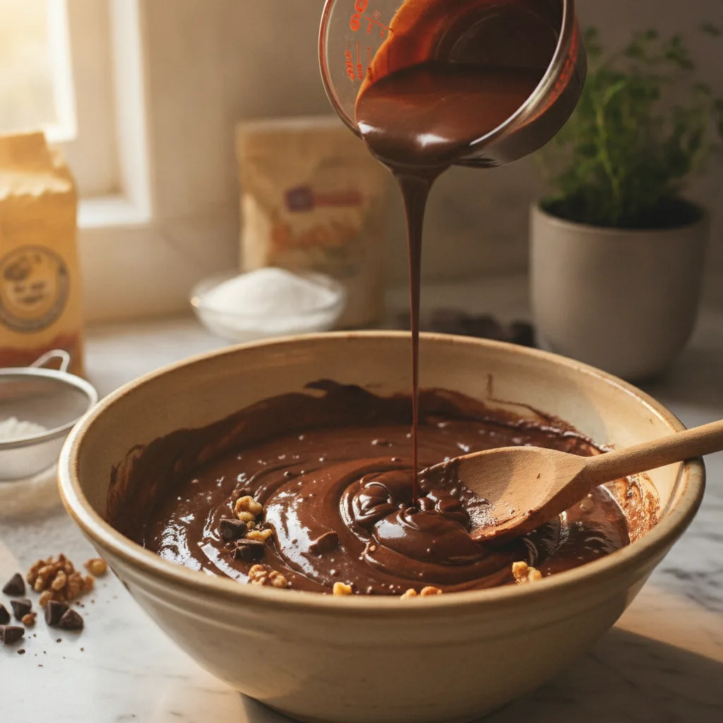dairy free chocolate cake being prepared in the kitchen