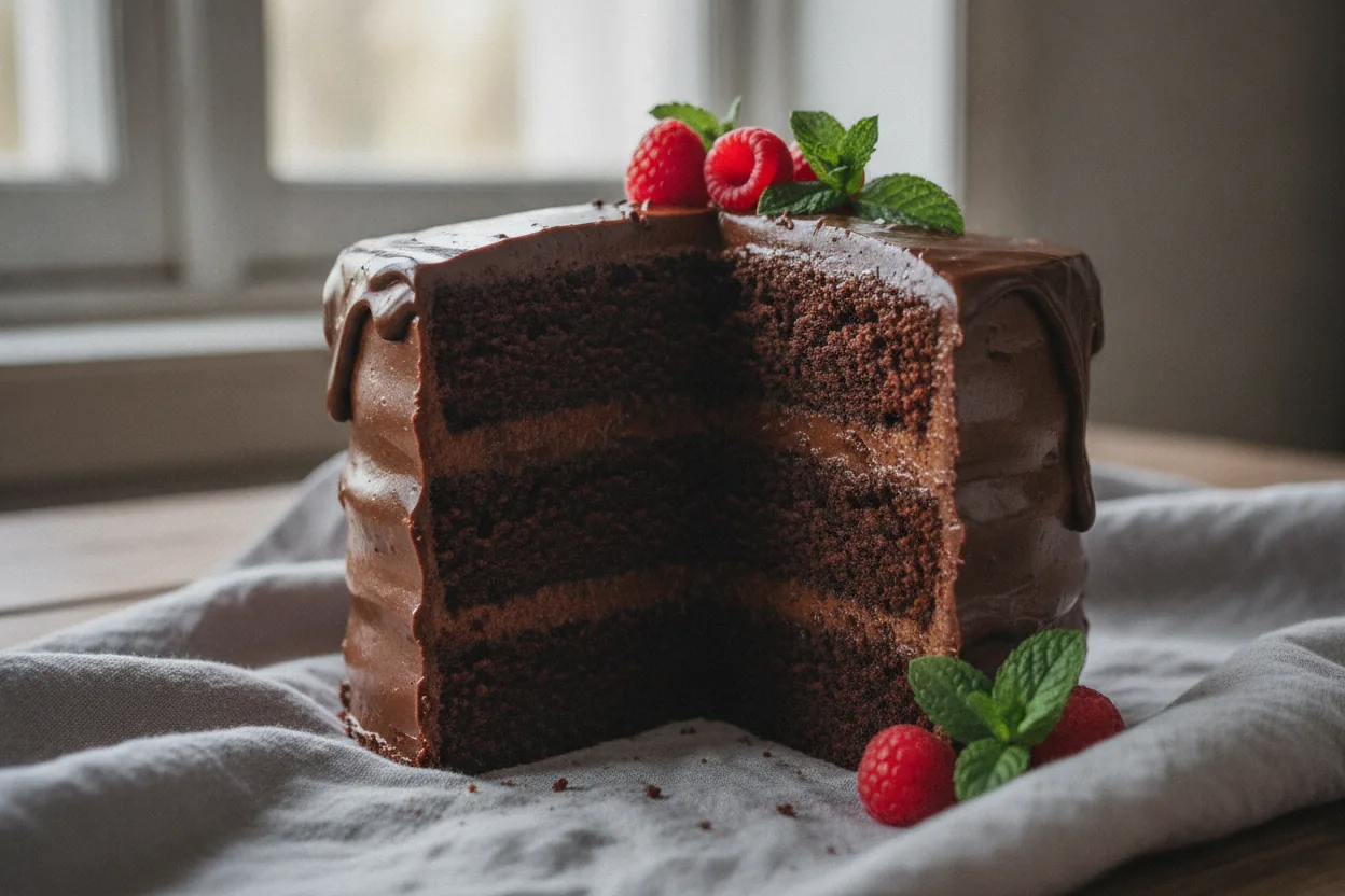 Slice of moist dairy-free chocolate cake with chocolate frosting