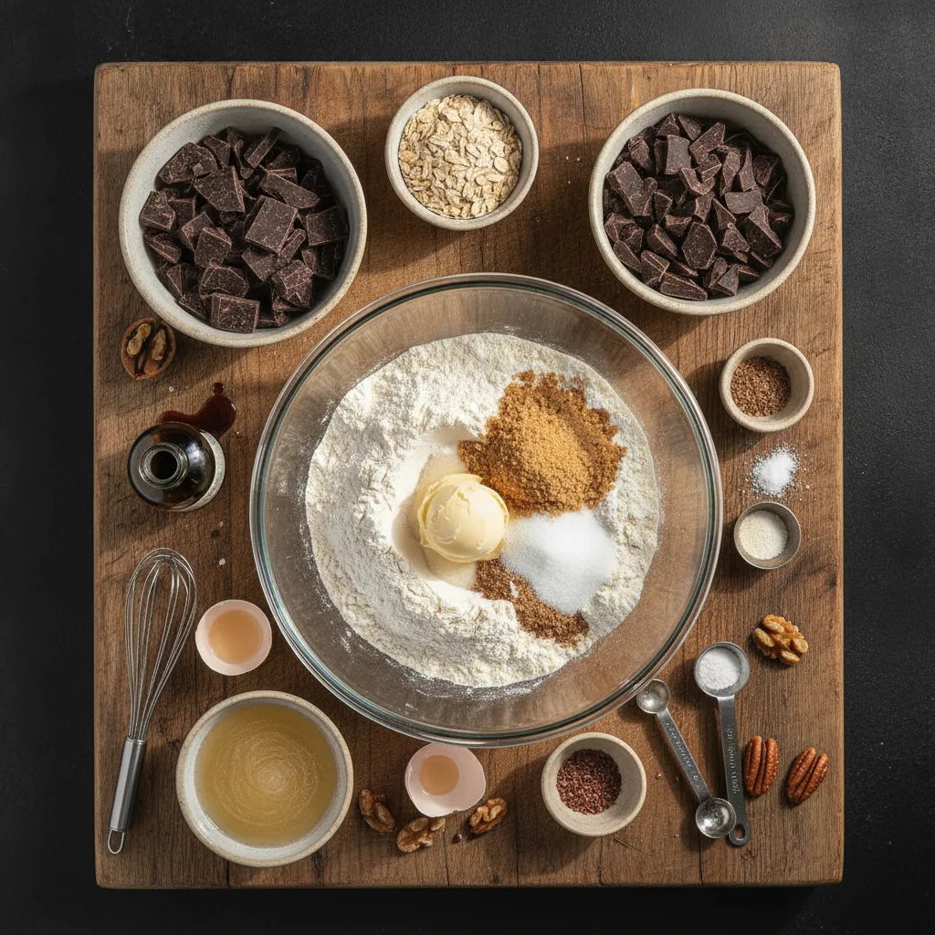 Ingredients for dairy free chocolate chip cookies laid out on a wooden board