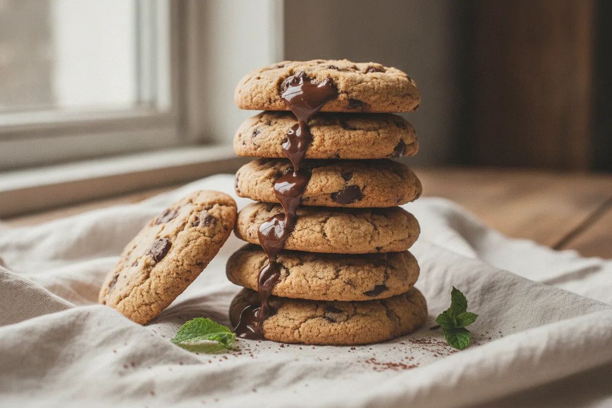 Soft dairy-free chocolate chip cookies with melty chocolate on a rack