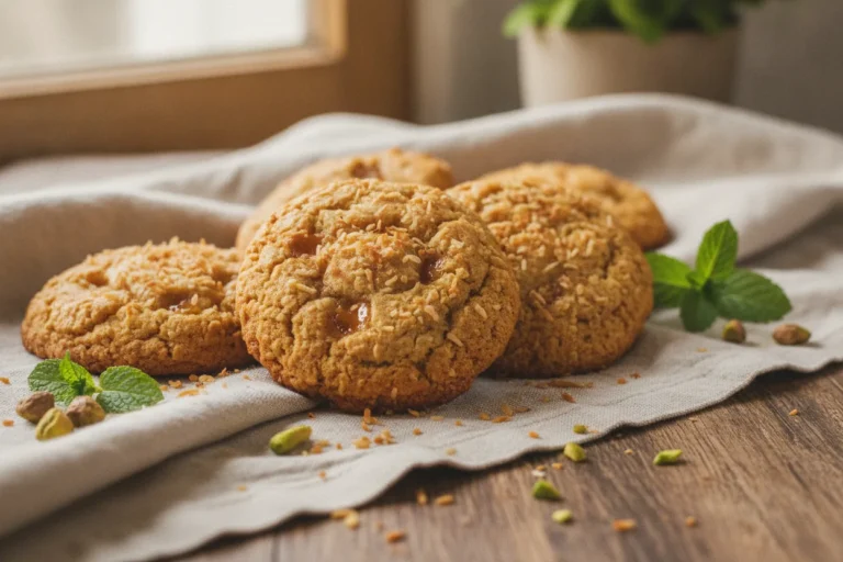 Golden dairy-free coconut cookies with toasted coconut on a rack