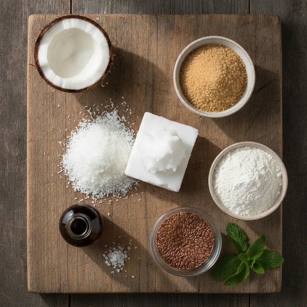 Ingredients for dairy free coconut cookies laid out on a wooden board