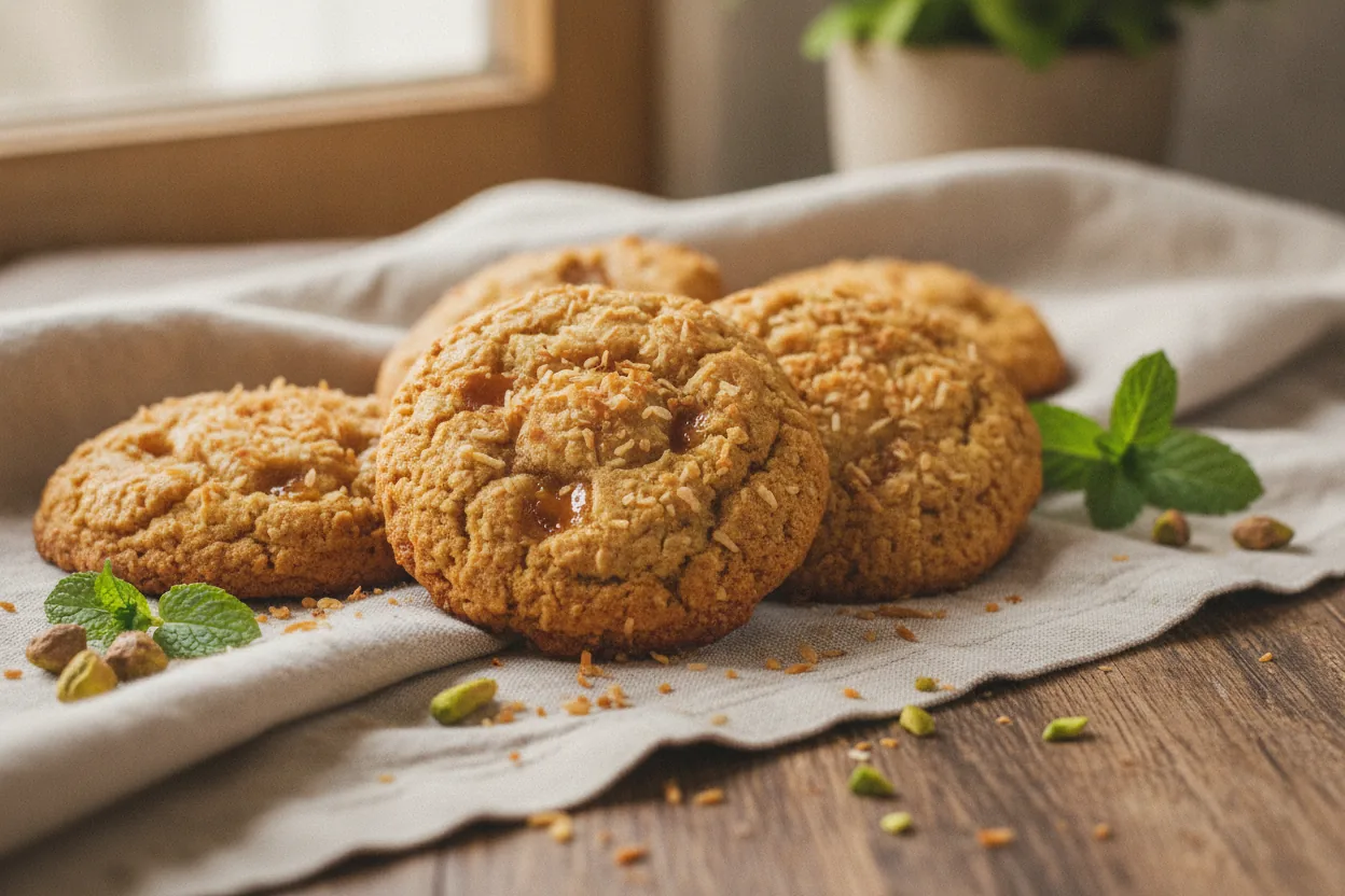 Golden dairy-free coconut cookies with toasted coconut on a rack