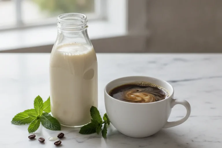 Homemade dairy-free coffee creamer being poured into a cup of coffee
