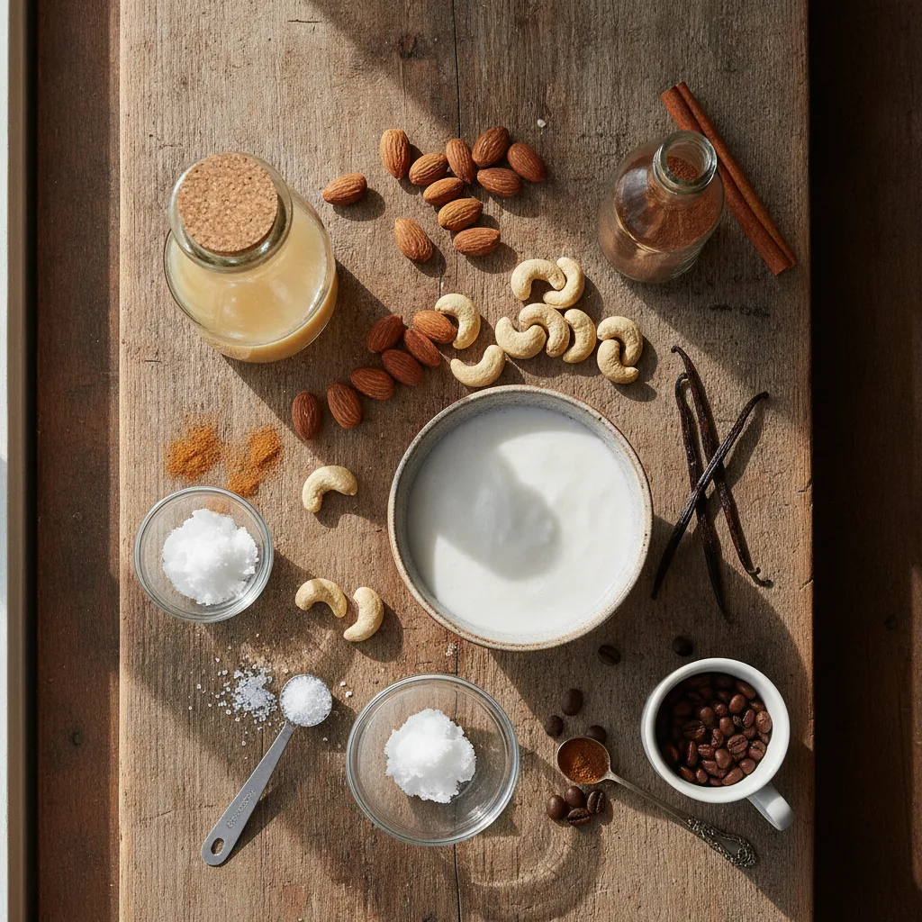 Ingredients for dairy free coffee creamer laid out on a wooden board