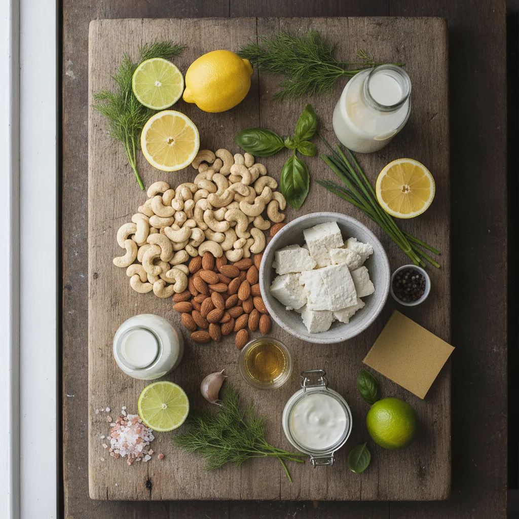Ingredients for dairy free cream cheese spreads laid out on a wooden board